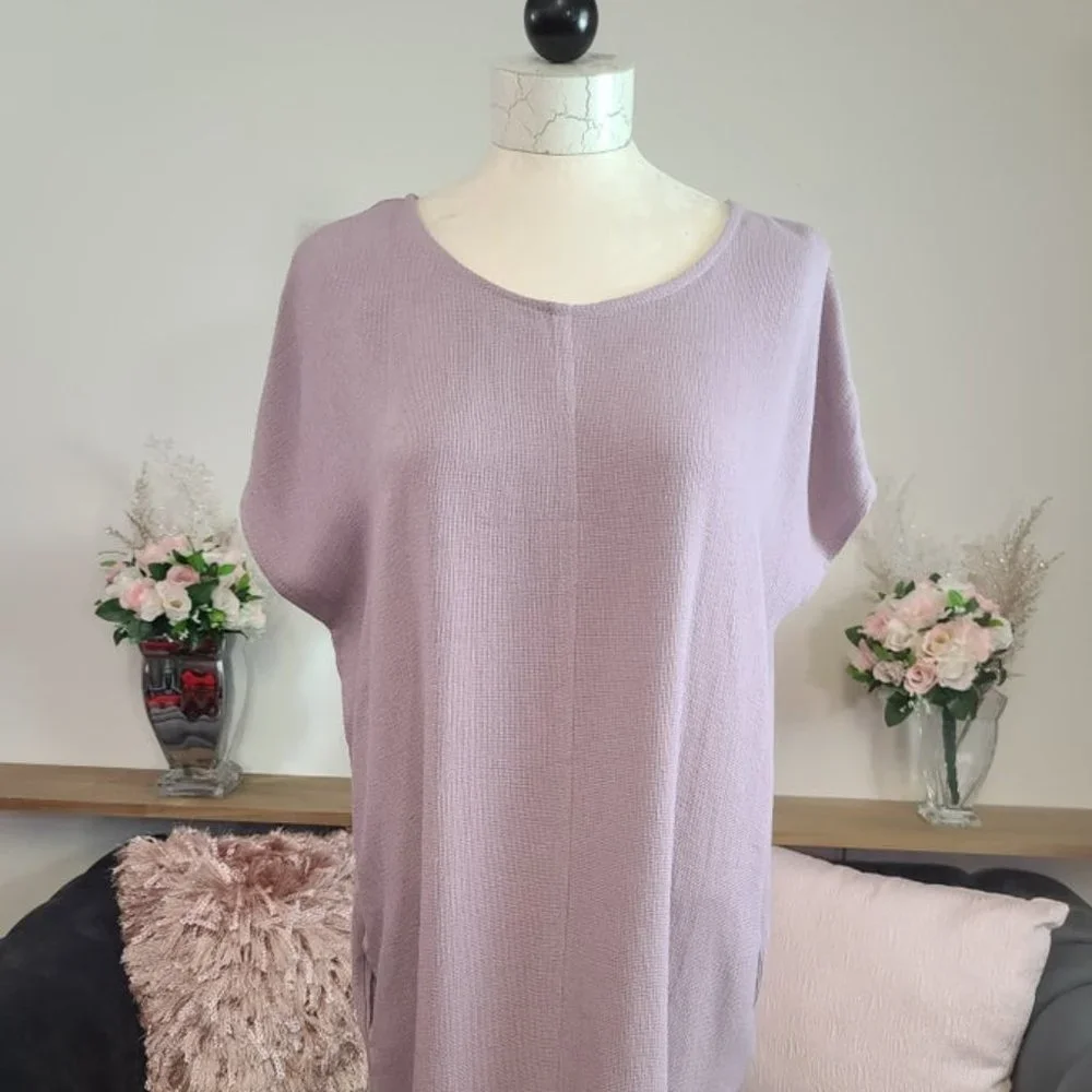 Lavender Linen Short Sleeve Dress with Pockets - Picture 1 of 6